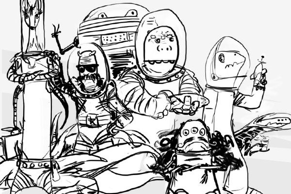 Drawing of 7 space scoundrels